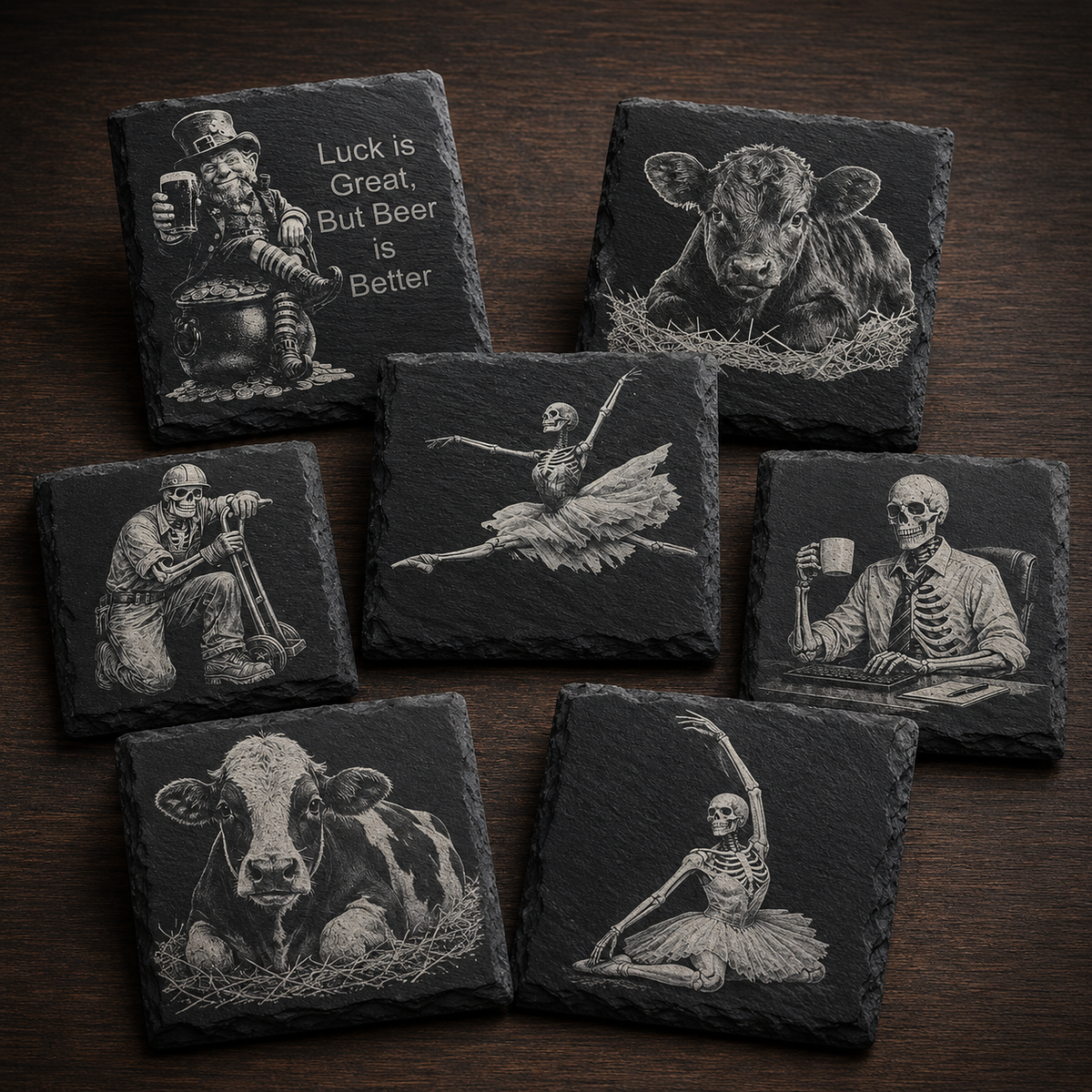 Black slate tile coasters with engraved artwork