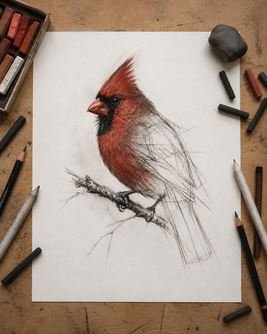 Cardinal Study - Charcoal & Pastel