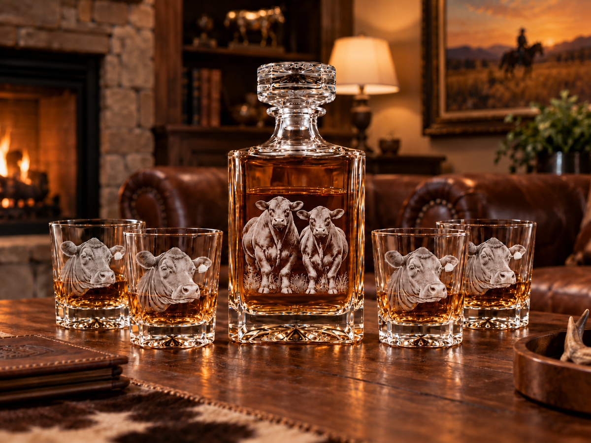 Cattle engraved decanter with four matching cattle engraved whiskey glasses in a rustic room.