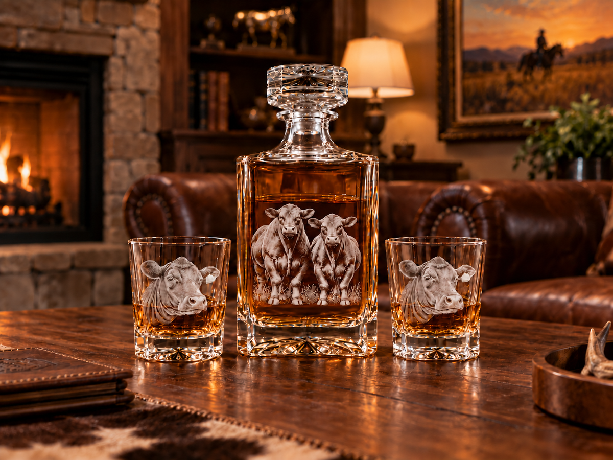Cattle engraved decanter with two matching cattle engraved whiskey glasses in a rustic room.