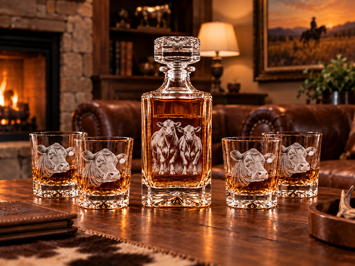 Cattle engraved crystal decanter with four matching glasses, narrower taller bottle matching the Pheasants style
