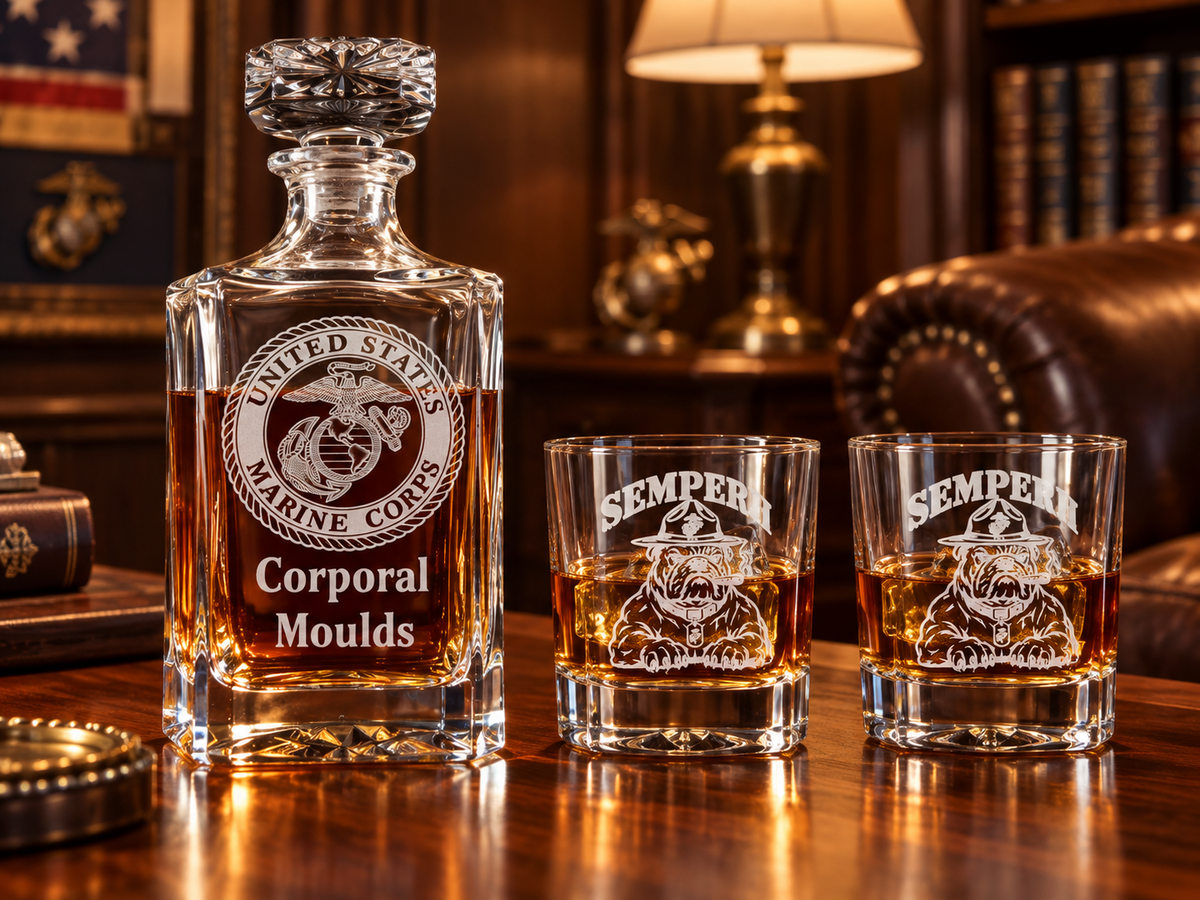 Custom Marine Corps decanter and matching glasses