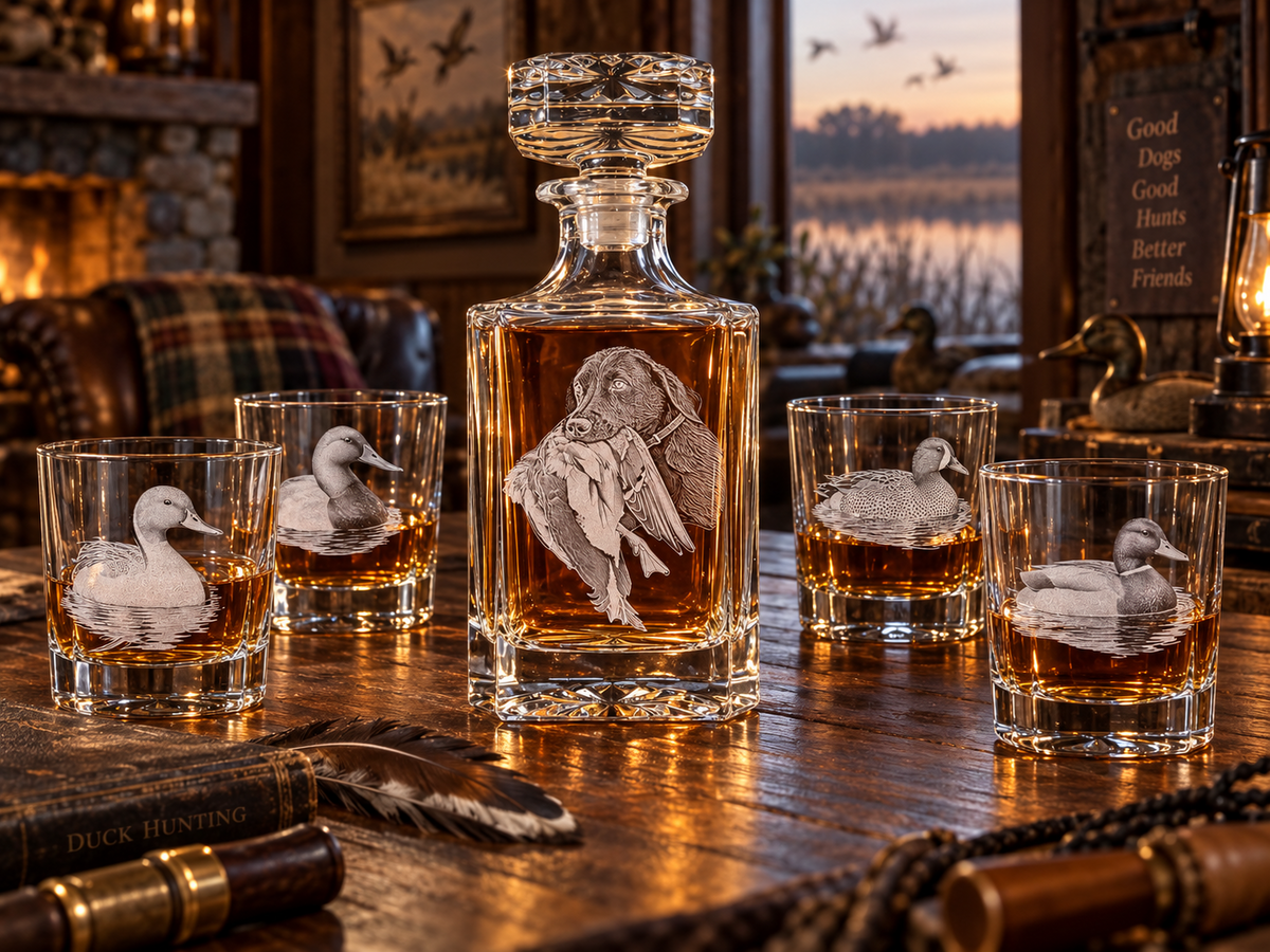 Duck hunter decanter with four different duck engraved whiskey glasses in a warm waterfowl lodge.