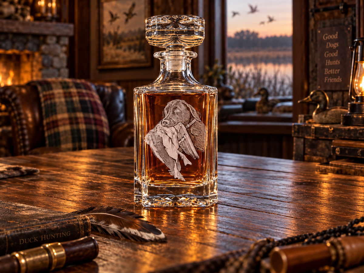 duckSingle engraved glassware in a warm waterfowl lodge.