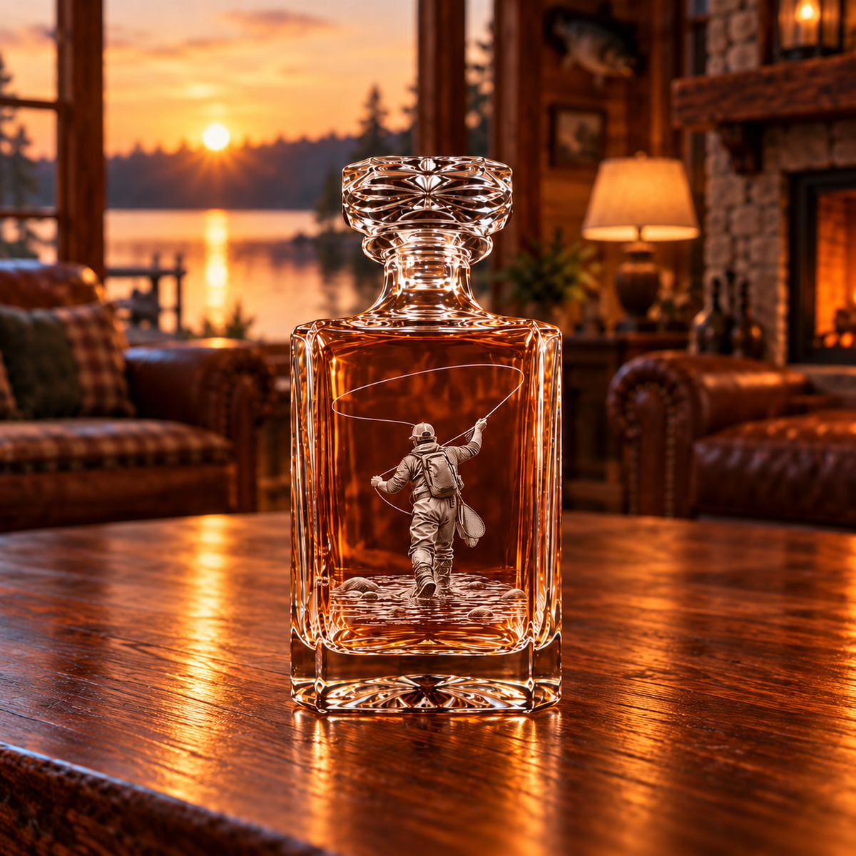Decanter with fly fisherman engraving