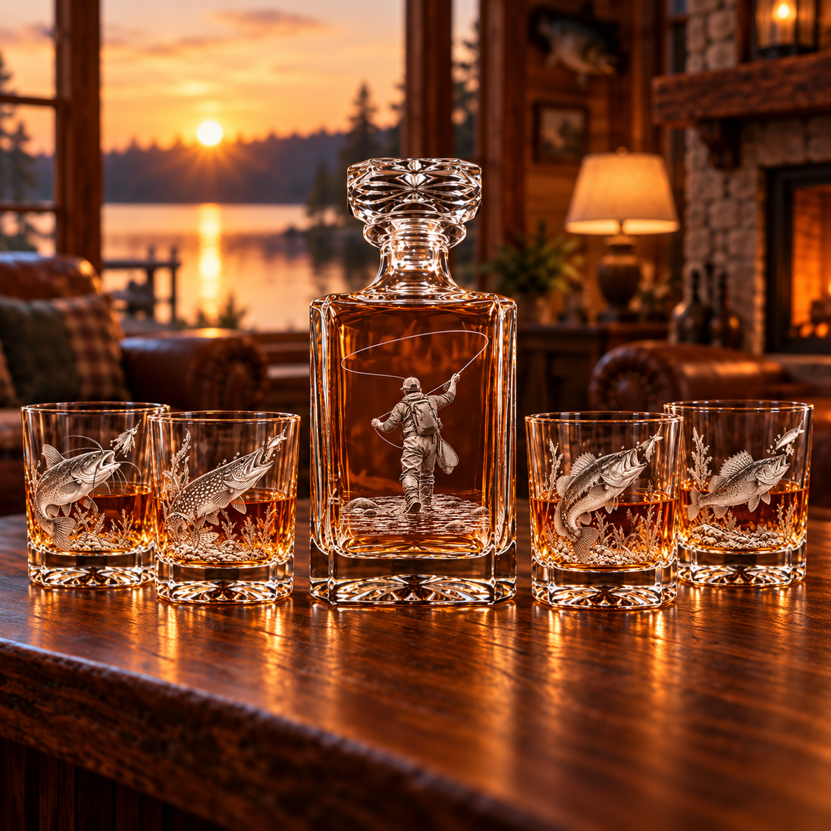 Fly fishing decanter with four fish glasses, matching the Whitetail bottle shape [dp:all-four-fish-set4]