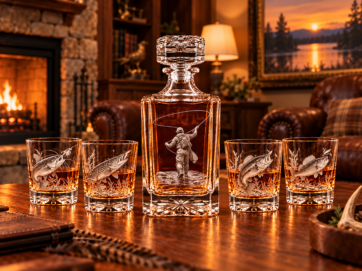 Fly fisherman decanter and four fish glasses with matching crystal bottle proportions