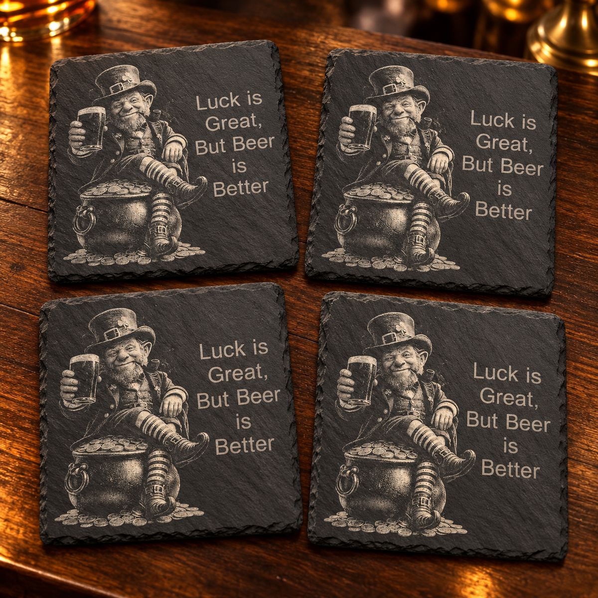 Luck Is Great, But Beer Is Better four engraved black slate coasters