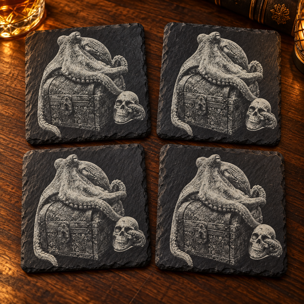Octopus Treasure four engraved black slate coasters