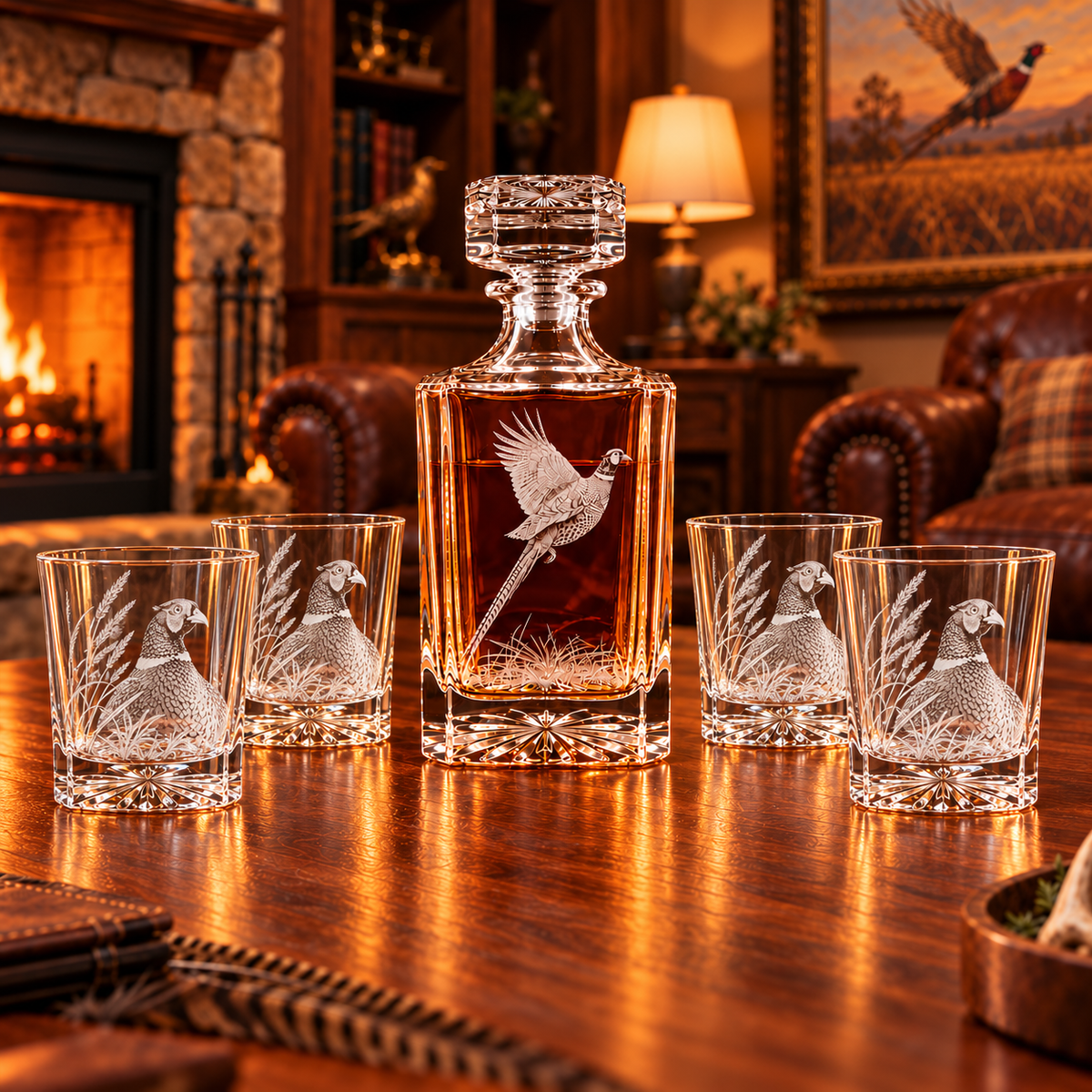 Pheasant decanter with four Pheasant Rooster engraved whiskey glasses in a warm upland lodge.