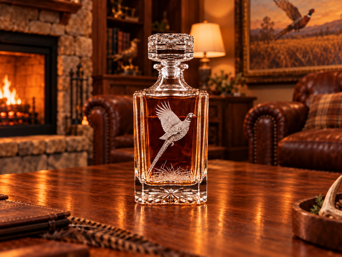 Standalone pheasant engraved decanter in a warm upland lodge.