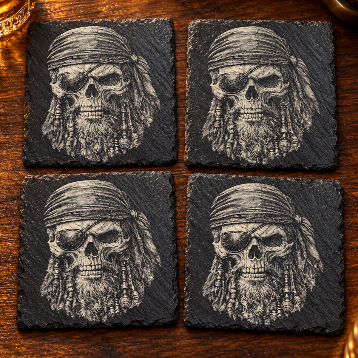 Pirate Skull four engraved black slate coasters