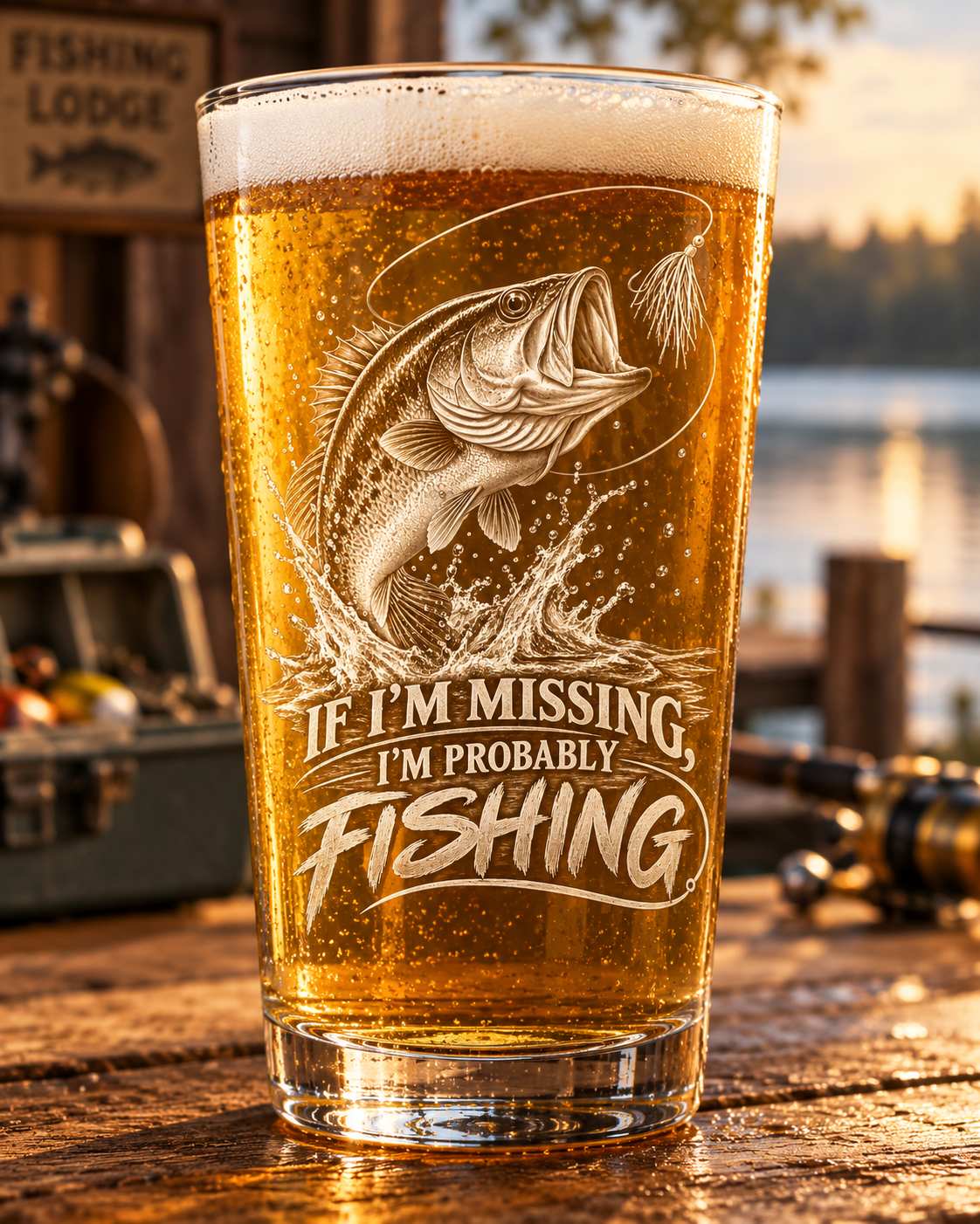 16 oz beer glass engraved with a jumping bass and If I’m missing, I’m probably fishing