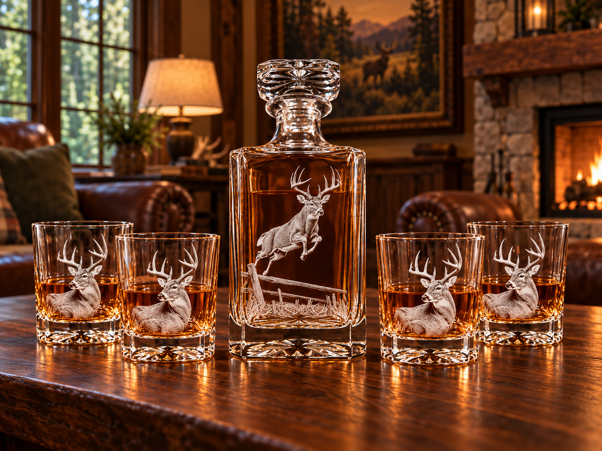Decanters, Beer Glasses & Black Slate Tile Coasters