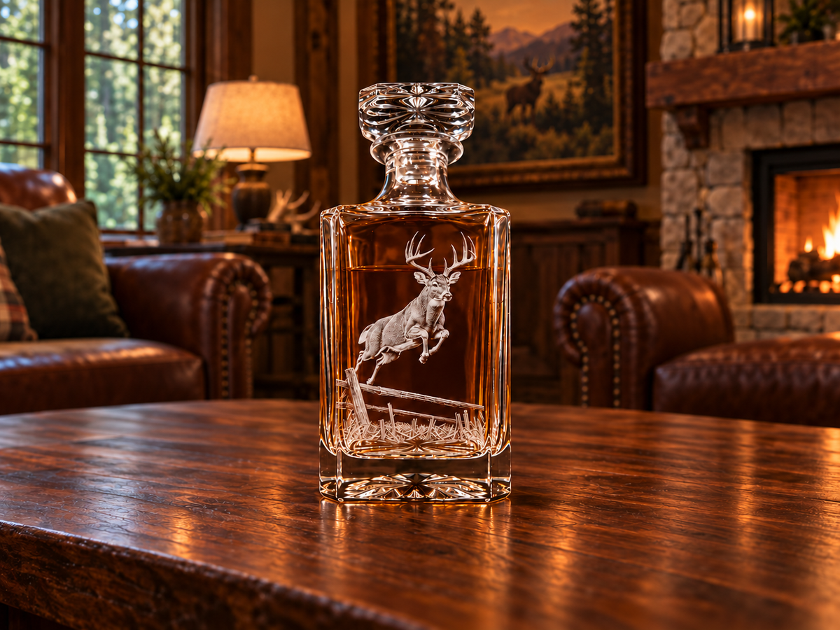 Single whitetail engraved decanter in a woodland lodge.